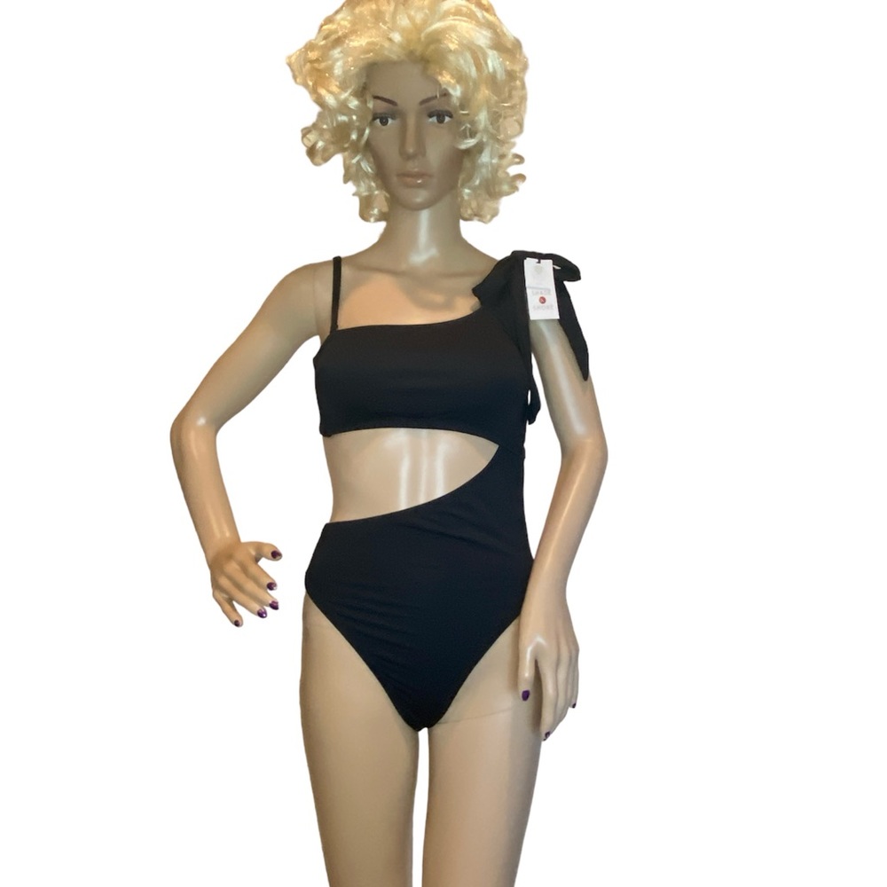 Shade & Shore One Shoulder Bow Side Cut-Out 1-Piece Swimsuit Black Sz Small NWT - Picture 2 of 12